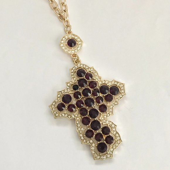 Vintage Style Cross Necklace Purple Crystals Simulated Amethyst Gold Plated 22" - Picture 7 of 14